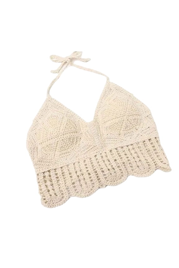 Women Boho Vacation Halter Bikini Bra Sexy V-Neck Backless Crochet Knit Geometric Camisole Scalloped Hem Padded Beach Bustier Crop Top