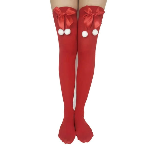 Aellinatey Women Christmas Striped Thigh High Stockings with Santa Claus Bow Red Green Over Knee Long Socks Halloween Hosiery