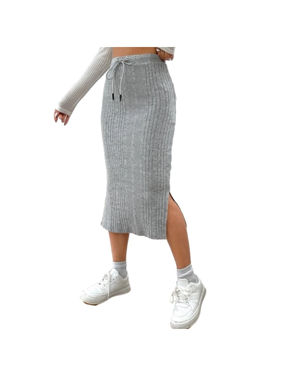 Women Drawstring Elastic Waist Side Split Rib Knit Midi Bodycon Pencil Skirt