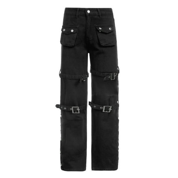 Aellinatey Women Gothic Punk Black Cargo Jeans with Multi Pockets Harajuku Metal Buckle Belt Straight Leg Denim Pants Side Split Loose Trousers Streetwear