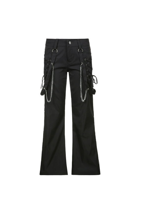 Women Gothic Wide Leg Cargo Pants with Chain Side Split Zipper Baggy Trousers