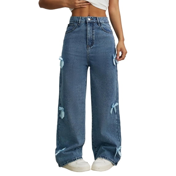 Aellinatey Women High Waist Wide Leg Jeans Spring Summer Denims Pants Bows Palazzo Pants