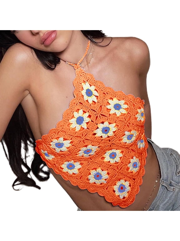 Women Hollow Crochet Knit Cami Crop Top Plaid Floral Sexy Halter Backless Vest