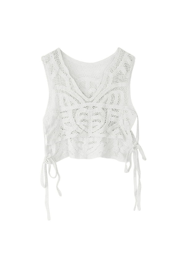 Women Hollow Crochet Knit Sweater Vest Waistcoat Sexy V-Neck Split Tie Up Bandage Beach Sleeveless Crop for Tank Top for
