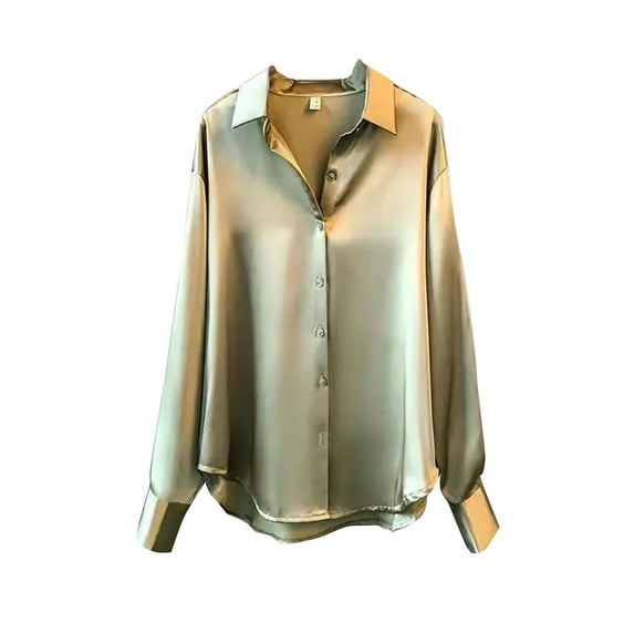Aellinatey Women Imitation Silk Long Sleeve Blouse Lapel V Neck Button Down Shiny Satin Shirt Formal Work Solid Color Loose Tops