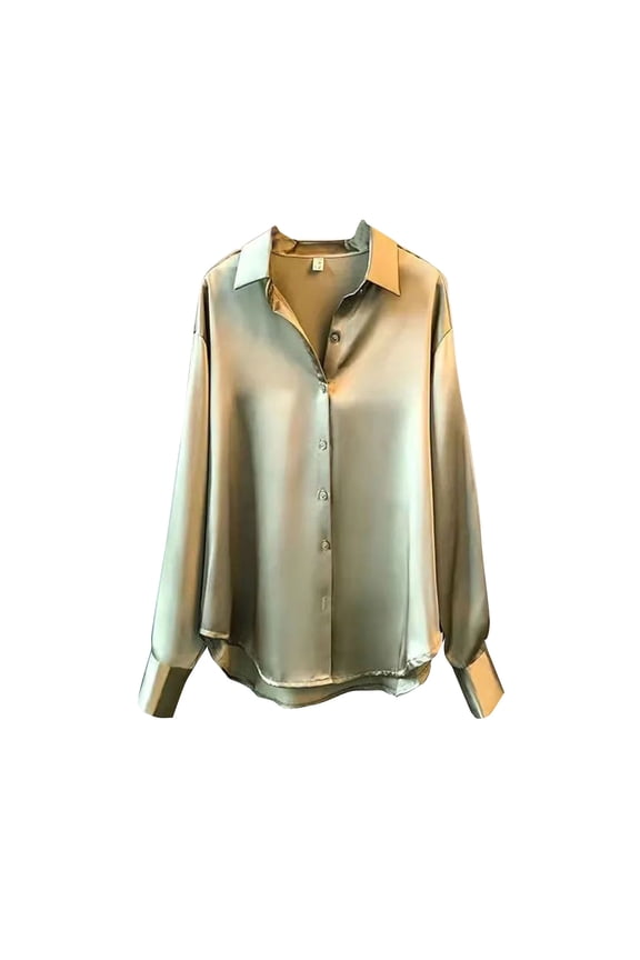 Women Imitation Silk Long Sleeve Blouse Lapel V Neck Button Down Shiny Satin Shirt Formal Work Solid Color Loose Tops