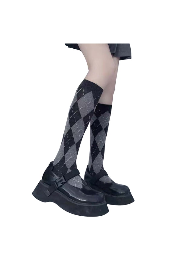 Women Knee High Socks College Vintage Multicolor Argyle Plaid Print Stockings