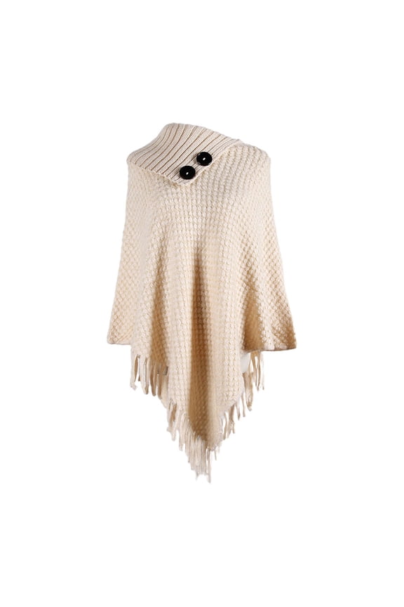 Women Knitted Pullover Sweater Top Half Opened Collar Buttons Warm Shawl Wrap Fringe Tassels Hem Solid Color Poncho Cape Cloak