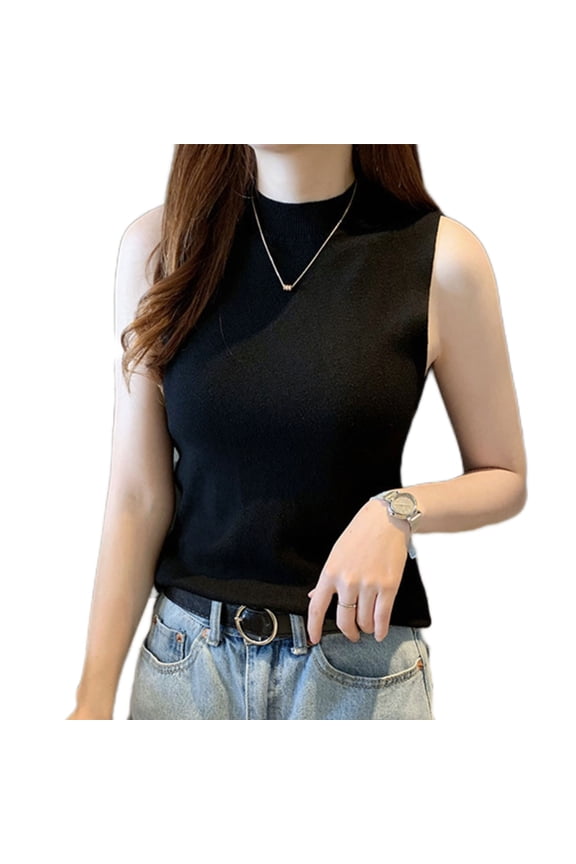 Women Knitted for Tank Top Mock Turtleneck Sleeveless Pullover Shirts Lightweight Solid Color Bodycon Bottoming Sweater
