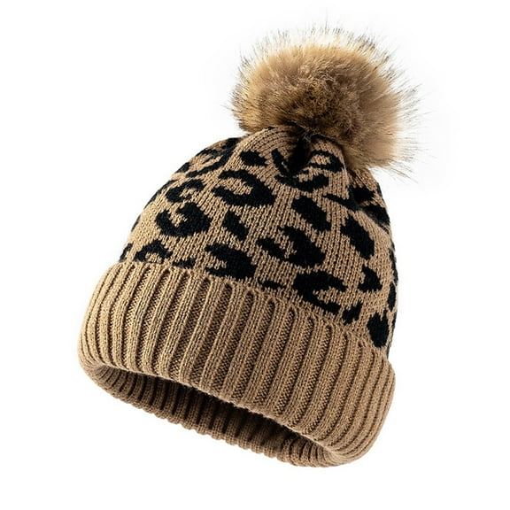 Aellinatey Women Leopard-print Pompon Knitted Hats Warm Wool Hat Winter Slouchy Beanies