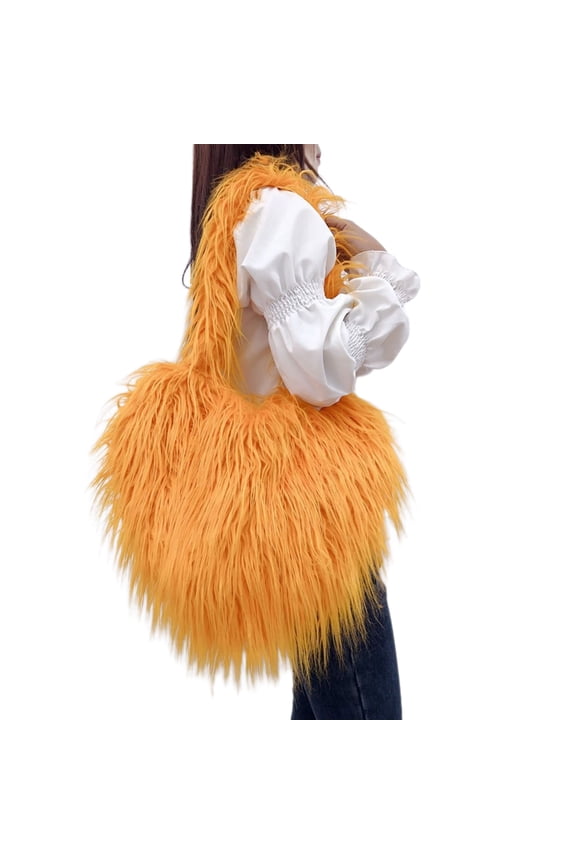 Women Long Furs Straps Furry Handbag Messenger Bags Cute Heart Shape Plush Bag