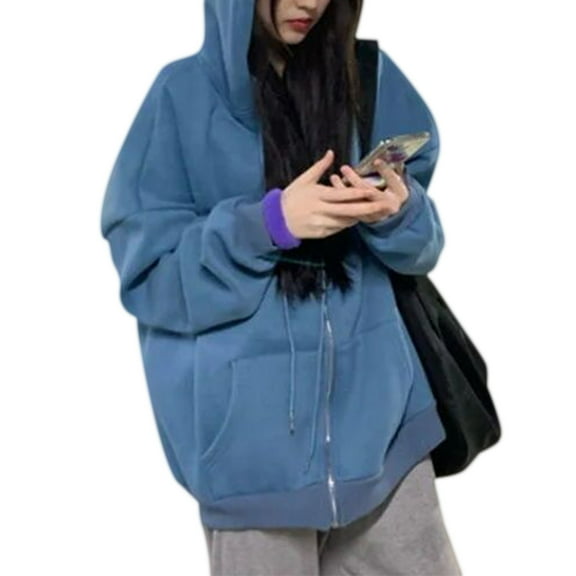 Aellinatey Women Long Sleeve Hoodies for Jacket Solid Color Letters Drawstring Sweatshirt Hip Hop Oversized Loose Zip Coat with Poc