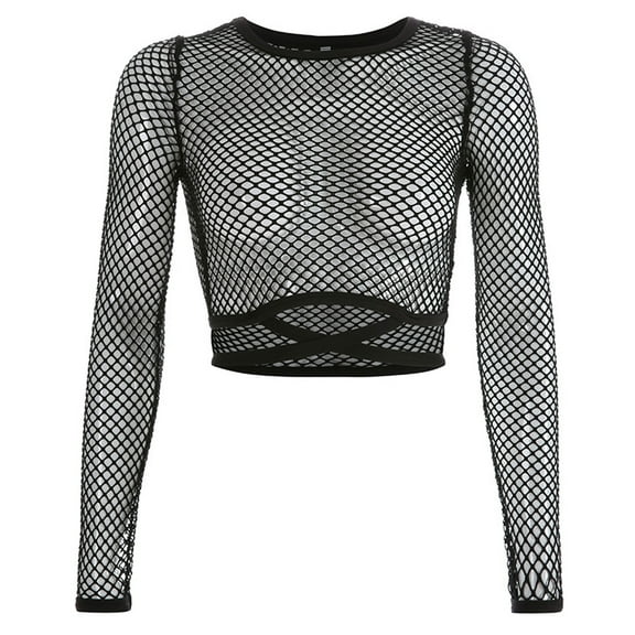 Aellinatey Women Long Sleeve Mesh Crop Top Hollow Out Fishnet for Cross Tie Back Slim T-Shi
