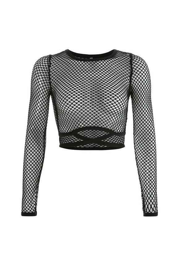 Women Long Sleeve Mesh Crop Top Hollow Out Fishnet for Cross Tie Back Slim T-Shi