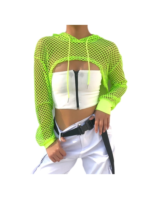 Women Long Sleeve Mesh Fishnet Hoodie Crop Top Neon Solid Color Hollow Out Drawstring Sweatshirt Pullover Cover Up Shrug
