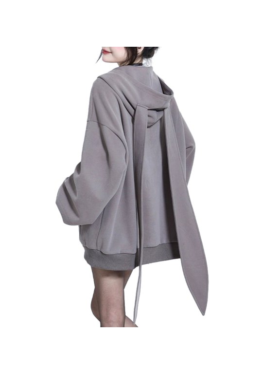 Women Long Sleeve Oversized Jackets Long Rabbit Ears Zip Up Hoodie Sweatshirt