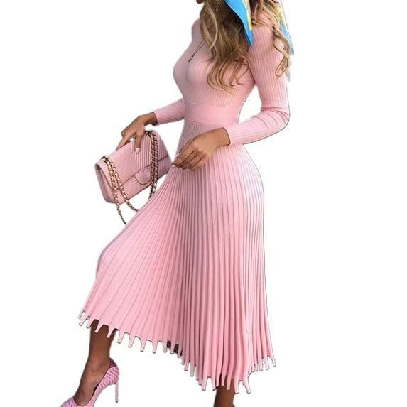Aellinatey Women Long Sleeve Ribbed Knit Midi Long Sweater Dress Mock Neck Slim Fit Pleated Flare High Waist Solid Color Streetwear