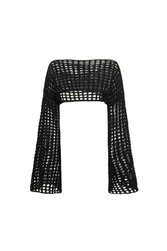 Women Mesh Crochet Crop Top Long Sleeve Hollow-Out Cropped Knitted Sweater