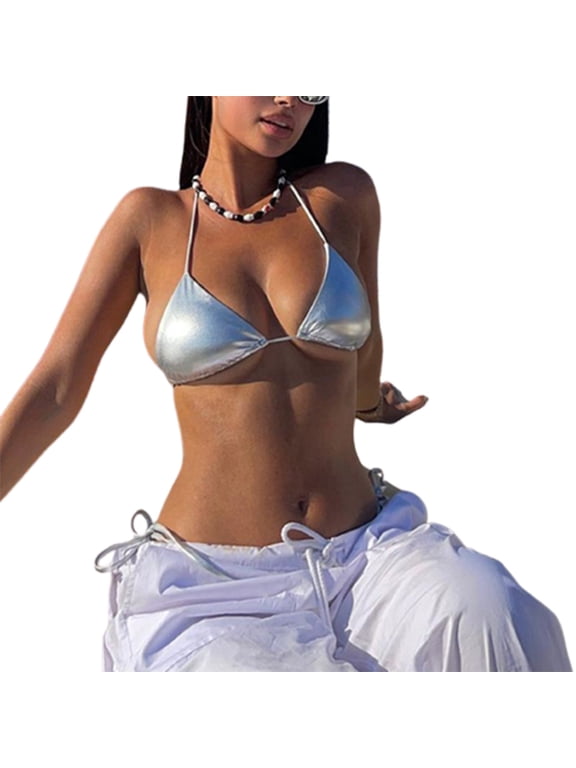 Women Metallic Bathing Suit Halter Triangle Bikini Bra Sexy Backless Swim Top