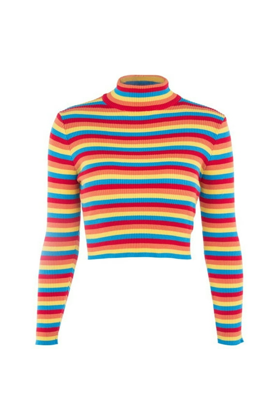 Women Mock Neck Long Sleeve Crop Top Rainbow Stripe Bodycon Sweater Shirt