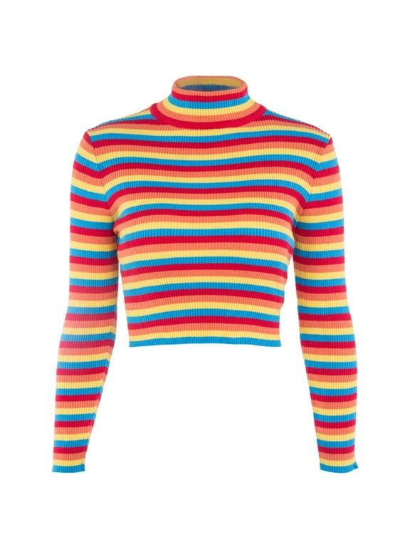 Women Mock Neck Long Sleeve Crop Top Rainbow Stripe Bodycon Sweater Shirt