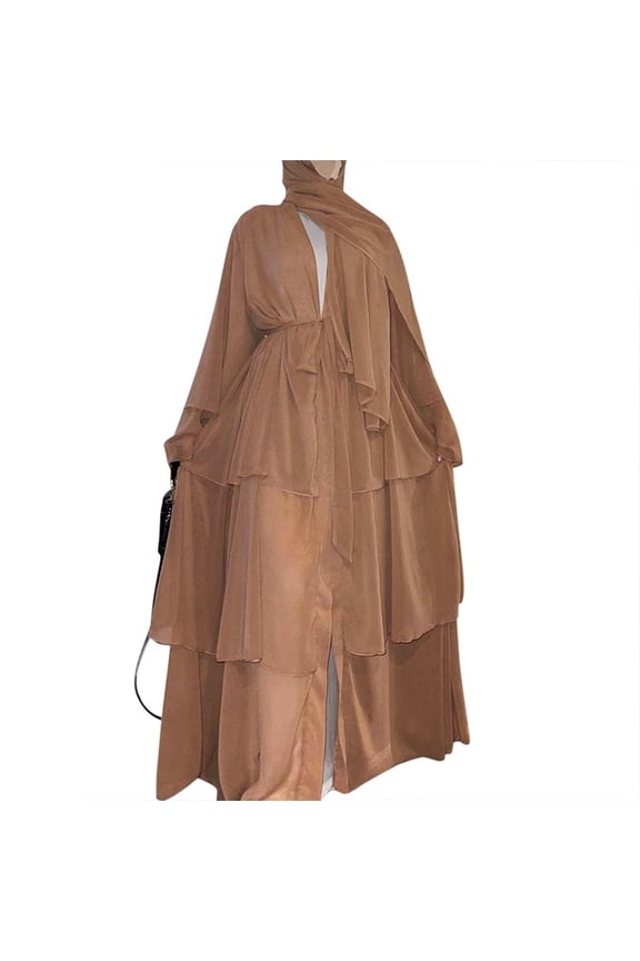 Women Muslim Long Sleeve 3 Tiered Flowy Maxi Dress Chiffon Layered Abaya Kaftan Robe with Belt Ruffled Islamic Jilbab Middle East Dubai Party Gown