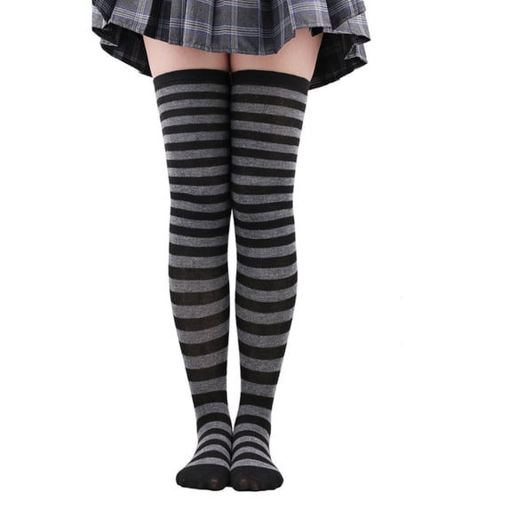 Aellinatey Women Over Knee Long Socks Anime Cosplay Striped Printed Thigh High Stockings