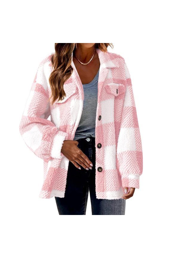 Women Plaids Flannel Shirts Jackets Lapel Collar Button Down Fuzzy Shacket Coat