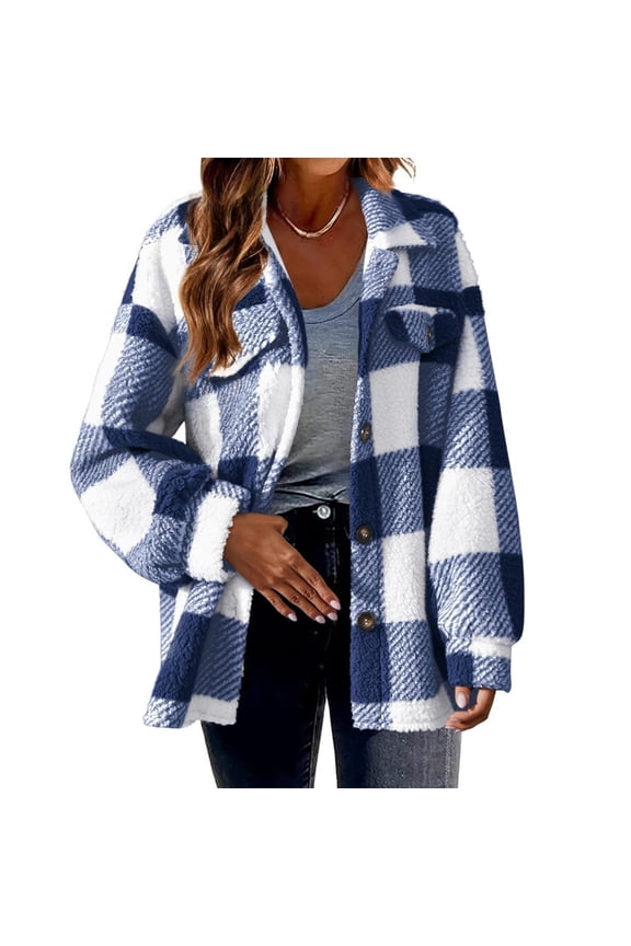 Women Plaids Flannel Shirts Jackets Lapel Collar Button Down Fuzzy Shacket Coat