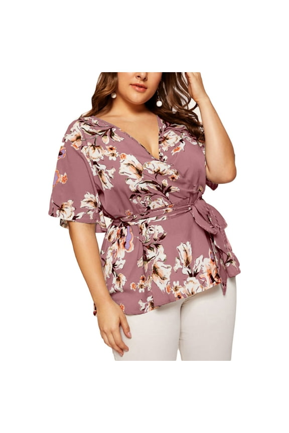Women Plus Size Flared Half Sleeve Shirts Sexy Wrap Deep V-Neck Tie Waist Belted Blouse Boho Floral Print Ruffles Hem Peplum Tunic Tops