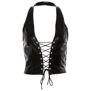 Aellinatey Women Punk Sleeveless Crop Top Sexy Halter V-Neck Backless Hollow Vest Shiny Faux Patent Leather Crisscross Lace-Up Party Clubwear