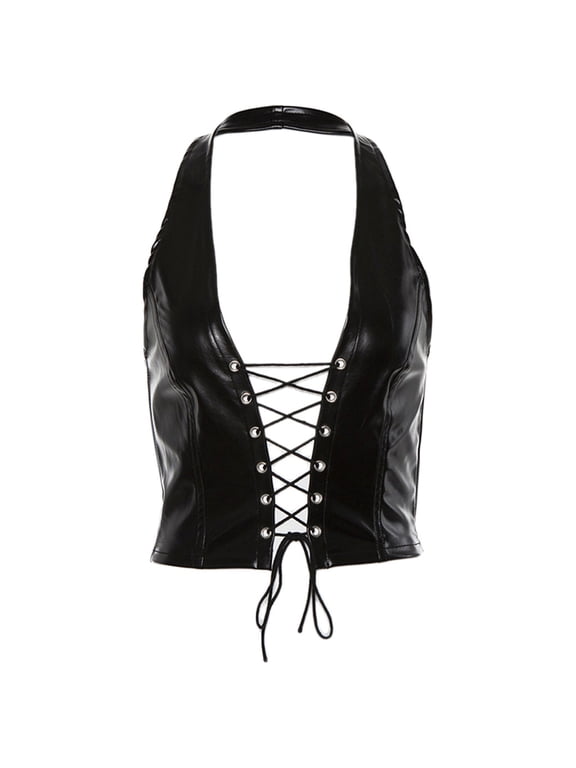 Women Punk Sleeveless Crop Top Sexy Halter V-Neck Backless Hollow Vest Shiny Faux Patent Leather Crisscross Lace-Up Party Clubwear