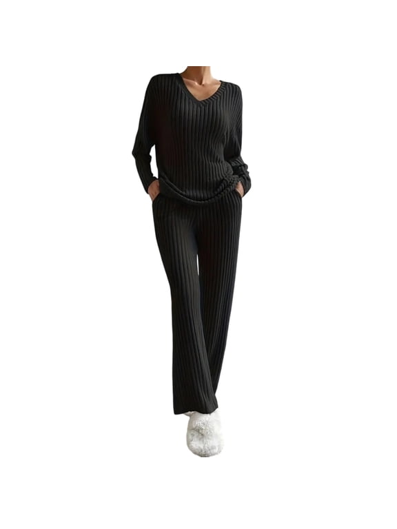 Women Ribbed Knitted Outfits V Neck Sweater Wide Leg Pant Set 2 Sweatsuit