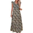 thumbnail image 1 of Aellinatey Women Ruffle Sleeve V Neck Smocked Flower Print A Line Maxi Dress For Vacation, 1 of 18
