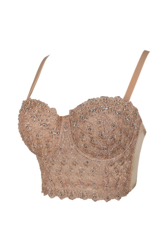 Women Sexy Embroidery Lace Bustier Crop Top Spaghetti Strap Push Up Bralette Glitter Sequins for Rhinestone Corset Bra V