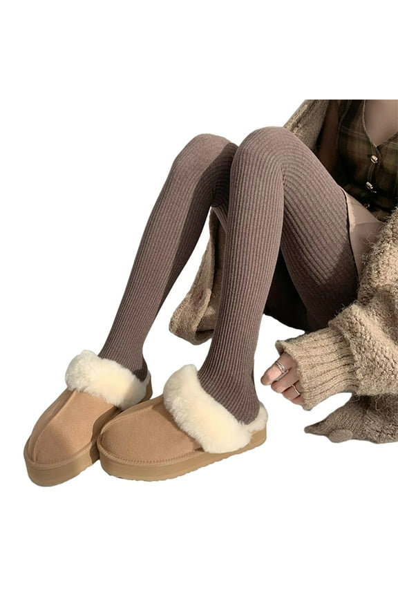 Women Solid Color Thicken Cotton Pantyhose Ribbed Knit Striped Sweater Tights