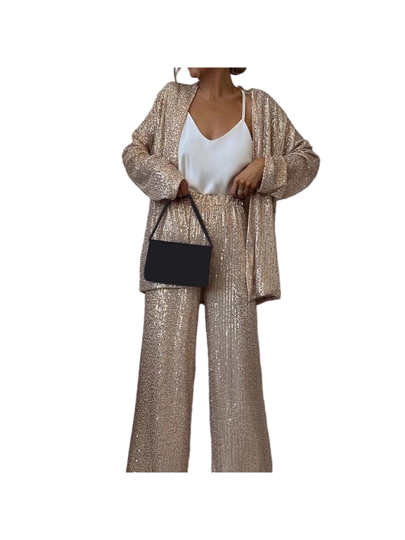 Women Sparkly Sequined Suit 2 Piece Long Sleeve Cardigan and High Waist Pants