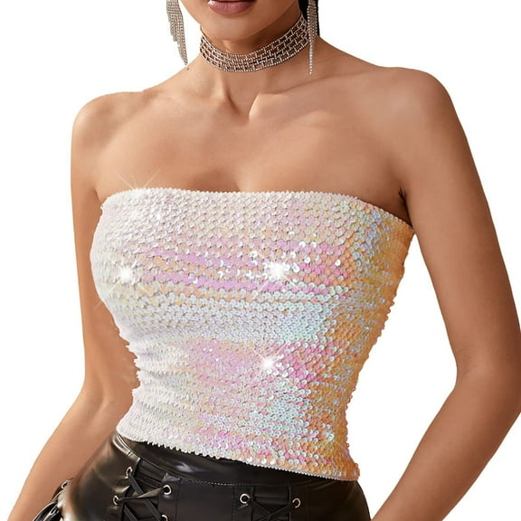 Aellinatey Women Sparkly Sequins Tube Top Strapless Off Shoulder Glitter Metallic Bandeau