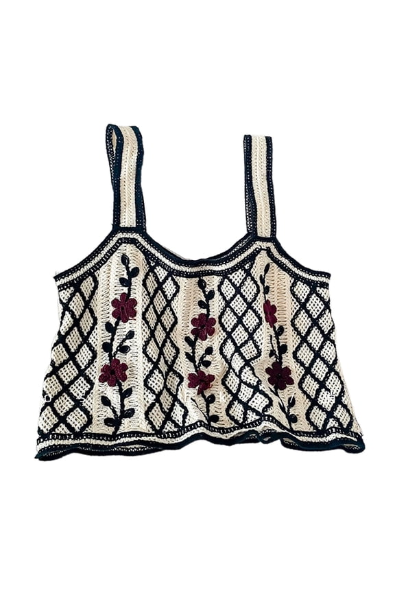 Women Spring Knitted Sleeveless Sweater Vest Vintage Crochet Diamond Check Plaid Mini Crop Top Embroidery Floral Vine Jumper for Tank Top Streetwear