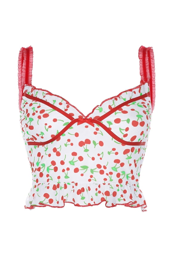 Women Summer Ruffles Spaghetti Strap Crop Top Sexy Sheer Mesh Sweet Cherry Printed Bow Camisole Backless Bodycon Vest