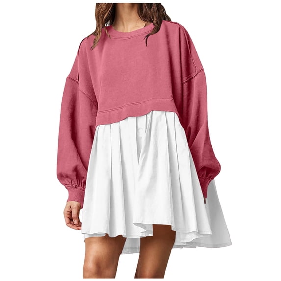 Aellinatey Women Sweatshirts Dress Oversized Long Sleeve Patchwork Casual Loose Pleated Pullover Dress Outfits
