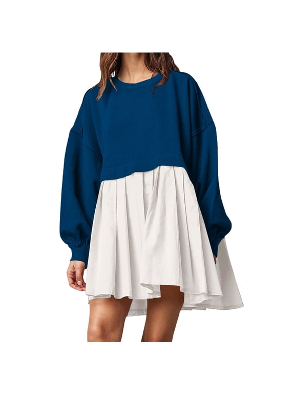 Women Sweatshirts Dress Oversized Long Sleeve Patchwork Casual Loose Pleated Pullover Dress Outfits
