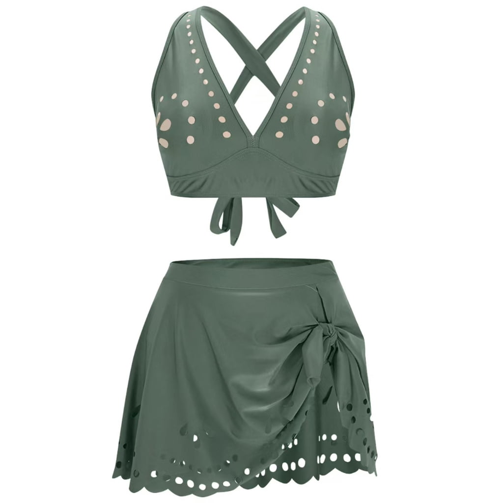 Aellinatey Women Two Piece V Neck High Waist Swimsuit with Beach Skirt ...
