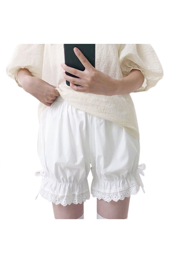 Women Vintage Lolita Bloomers Pumpkin Pants Ruffled Lace Hem Bow Security Shorts