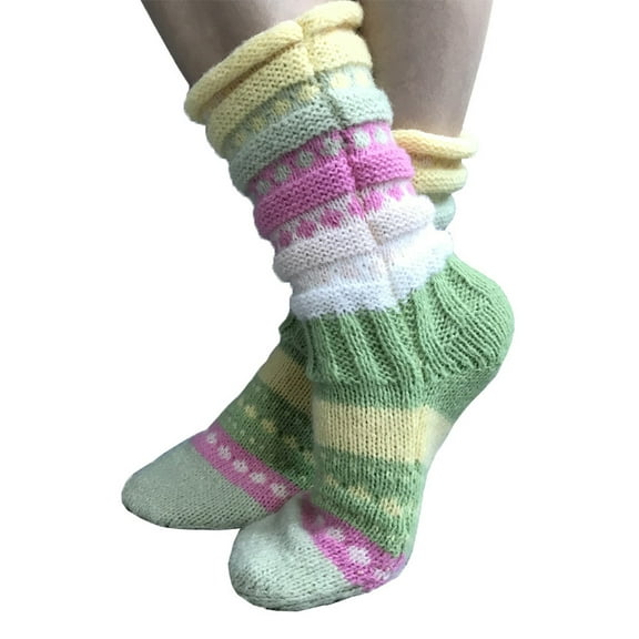 Aellinatey Women Winter Chunky Crochet Knit Floor Calf Socks Ethnic Colorful Striped Jacquard Pattern Slipper Stockings Foot Warmer