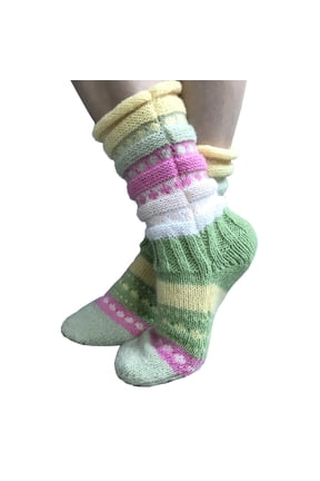 Women Winter Chunky Crochet Knit Floor Calf Socks Ethnic Colorful Striped Jacquard Pattern Slipper Stockings Foot Warmer