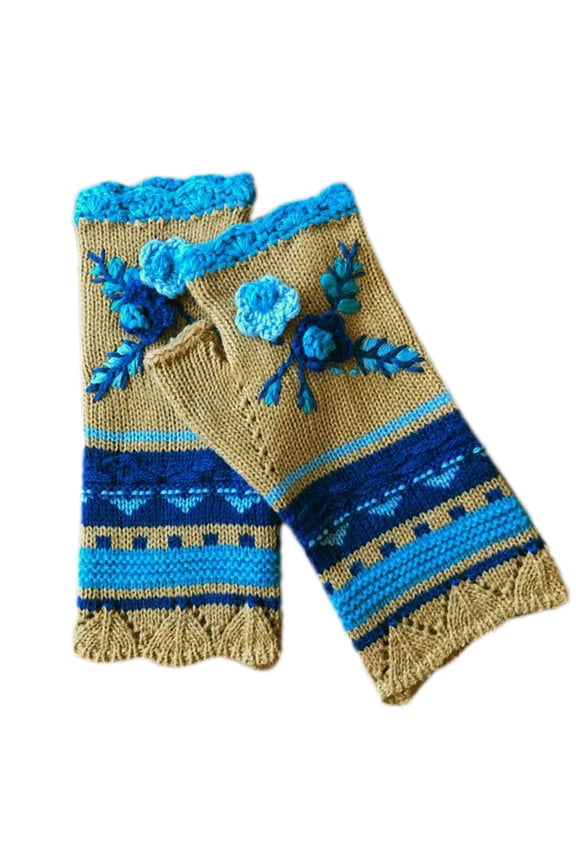 Women Winter Chunky Knit Texting Fingerless Gloves Ethnic Vintage Multicolor Striped Crochet Floral Thumb Hole Mittens