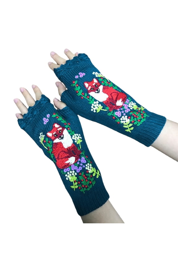 Women Winter Knitted Lengthen Wrist Fingerless Gloves Elegant Colorful Animal Embroidery Crochet Thumbhole Mittens Stretchy Arm Warmers