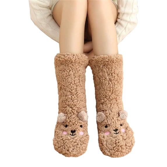 Aellinatey Women Winter Thermal Cute Bear Fuzzy Plush Socks Non Slip Home Sleeping Socks