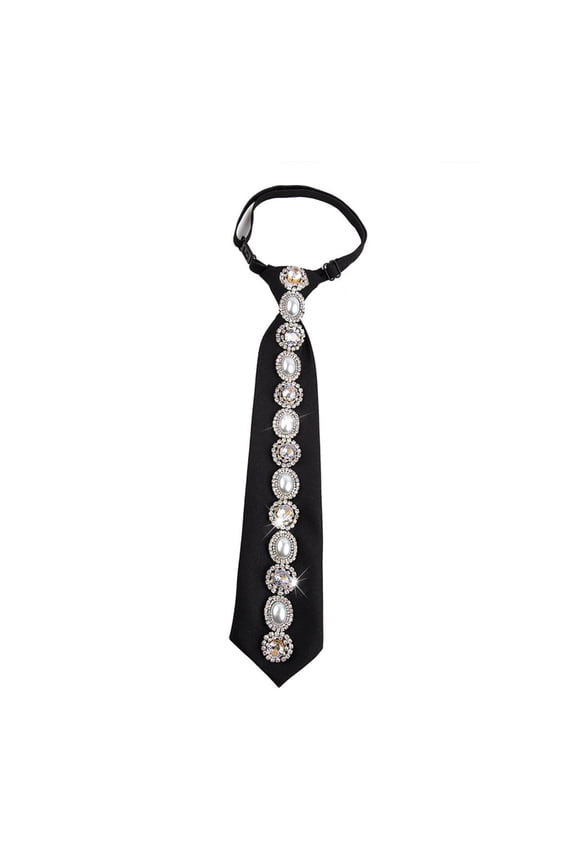 Women's Black Necktie with Elegant Crystal Pearls Embellishment Pre Tied Tie